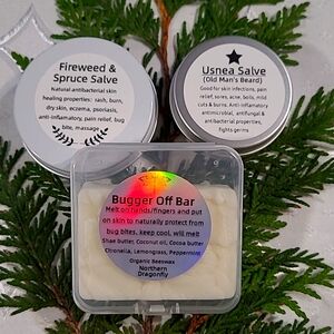 Fireweed/Spruce Salve, Usnea Salve, Bug Bar Lemongrass